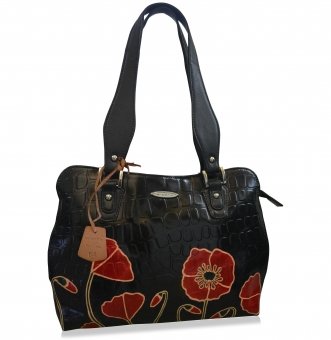 arpera Floral Genuine Leather Handbag Black C11334-1B  